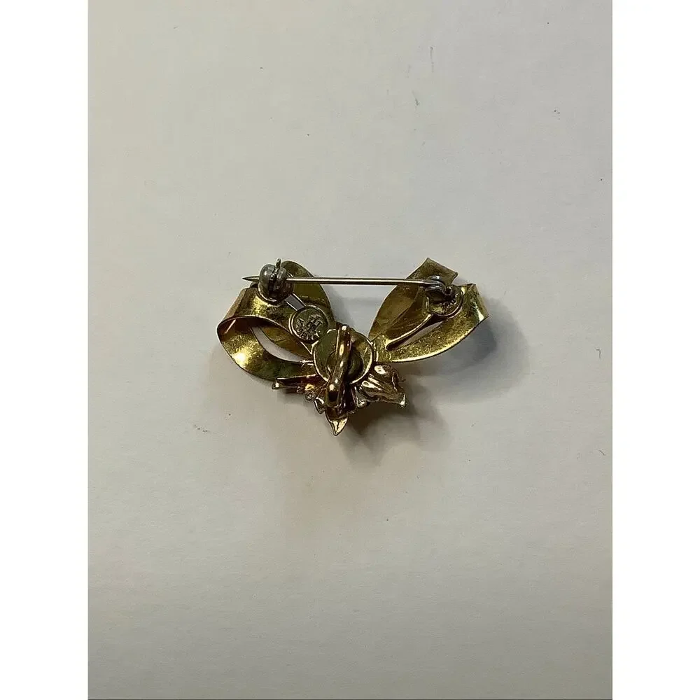 Harry Iskin Gold Tone Floral Bow Brooch Ribbon Pin Vintage Cottagecore F10-9